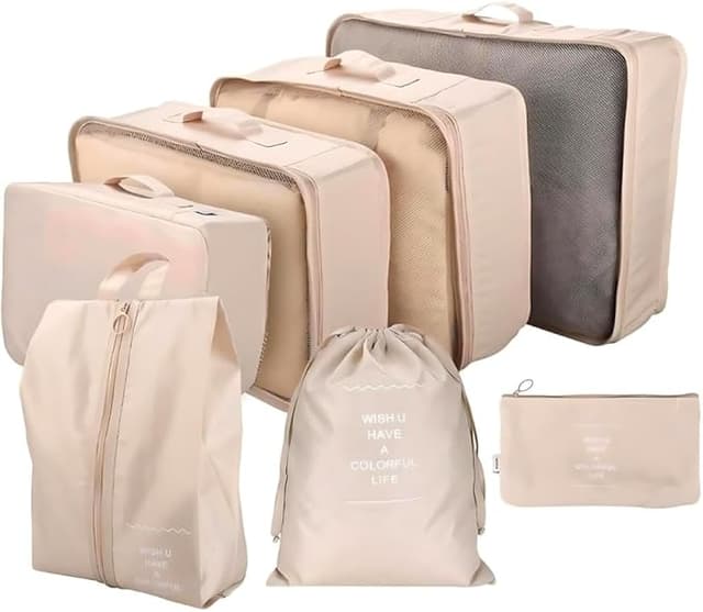 Imagem de Kit Organizador de Malas para Viagem 7 Peças Conjunto Organizador Completo Bolsas Necessaire Sapatos Maquiagem Roupas Bagagem Organizada (Bege) na loja Amazon