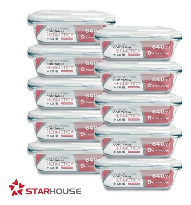 Imagem de Kit 10 Potes de Vidro 640ml Hermético Marmita Forno Refratário Star House na loja Mercado Livre