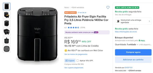 Imagem de Air Fryer Elgin 3,5Ls 1400w 127v na loja Mercado Livre