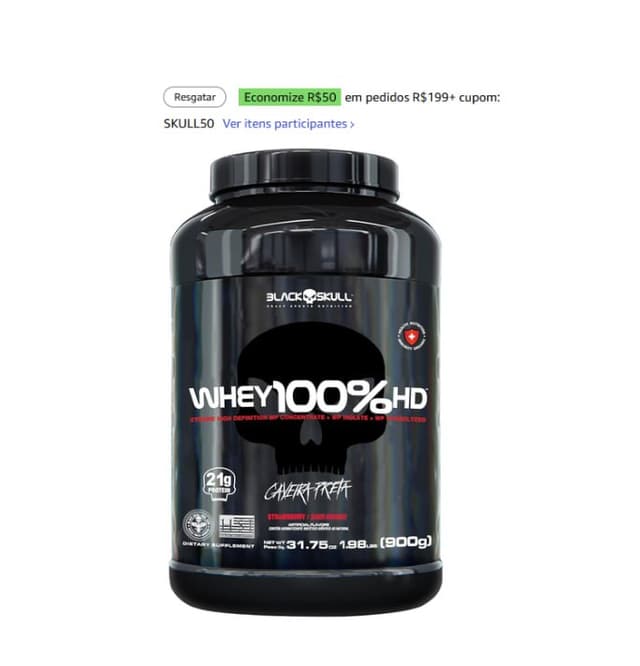 Imagem de Whey 100% Hd Morango 900G Black Skull na loja Amazon