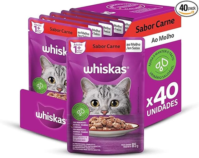 Imagem de Pack de Ração Úmida Whiskas Sachê Carne ao Molho para Gatos Adultos, 40 sachês de 85 g na loja Amazon